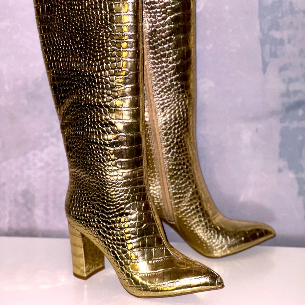 Metallic Gold Crocodile Embossed heeled boots